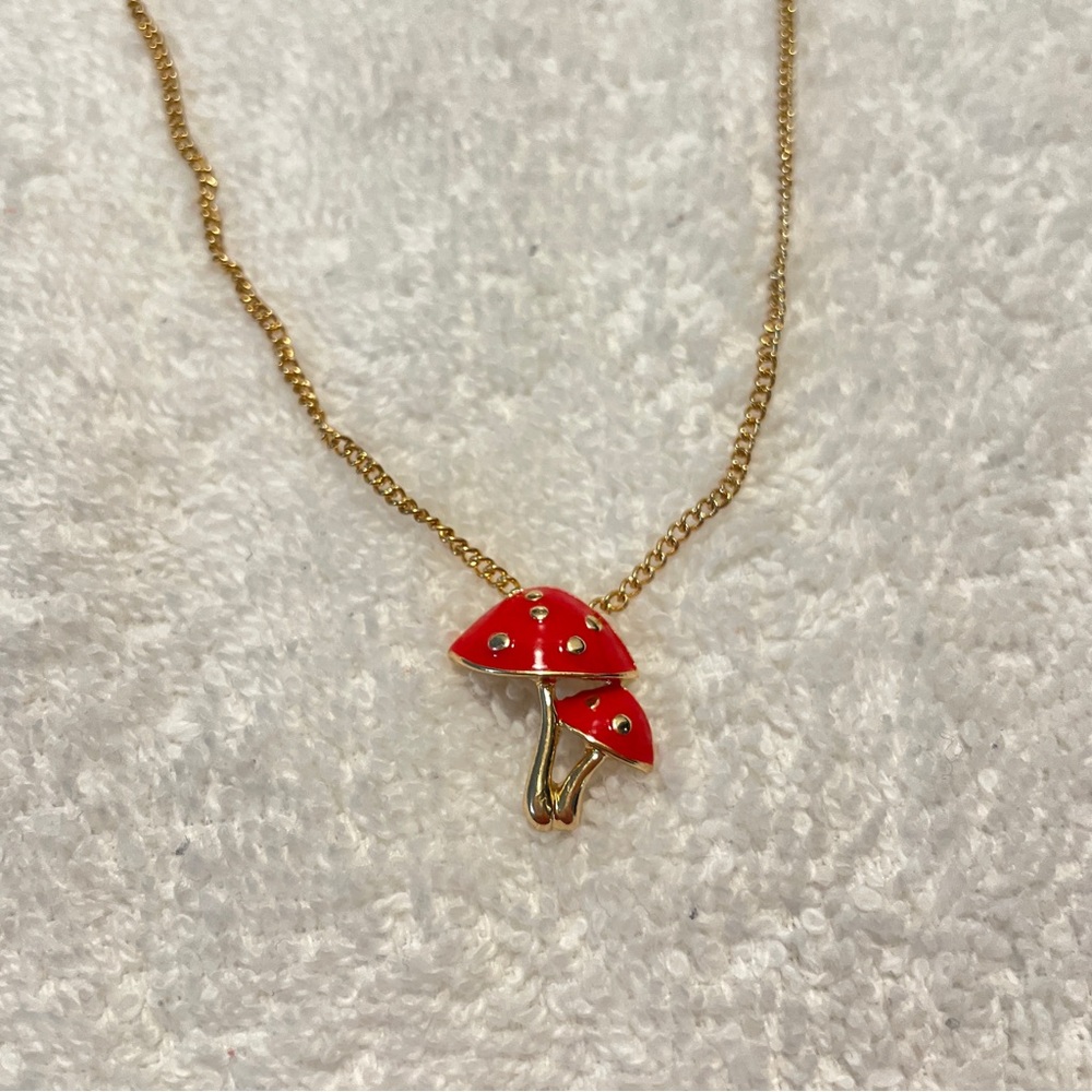 Cottagecore cute cherry mushroom gold necklace NWT